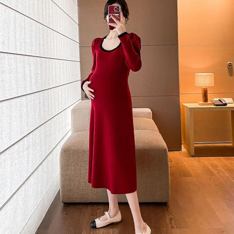 Kismama kötött piros ruha őszi tél új ruhák terhes nőknek divatos U-nyakú tömör karcsú terhességi pulóver ruhák