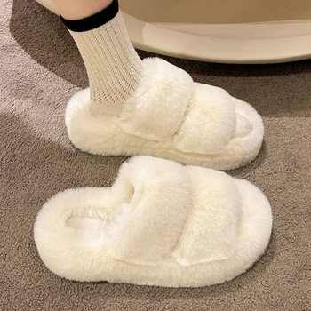 Зимни пухкави чехли Дамски 2024 Нова къща Домашни кожени чехли за жени Плоска платформа Уютни размити вътрешни обувки Корейски пързалки