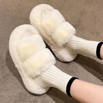 Зимни пухкави чехли Дамски 2024 Нова къща Домашни кожени чехли за жени Плоска платформа Уютни размити вътрешни обувки Корейски пързалки