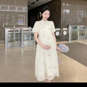 Έγκυος γυναίκα Vintage Cheongsam Καλοκαιρινή κοντομάνικη μόδα Φόρεμα εγκυμοσύνης σιφόν εκτύπωσης Γλυκά νυφικά εγκυμοσύνης
