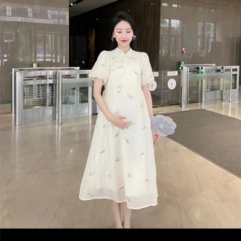 Бременна жена Vintage Cheongsam Летни модни щампи с къс ръкав за бременни Шифонена рокля Сладки сватбени рокли за бременност