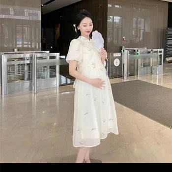 Бременна жена Vintage Cheongsam Летни модни щампи с къс ръкав за бременни Шифонена рокля Сладки сватбени рокли за бременност
