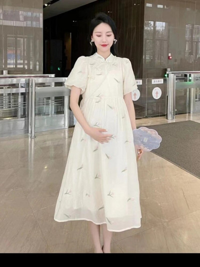 Terhes nő Vintage Cheongsam nyári rövid ujjú divatnyomtatás kismama sifon ruha édes terhességi esküvői ruhák
