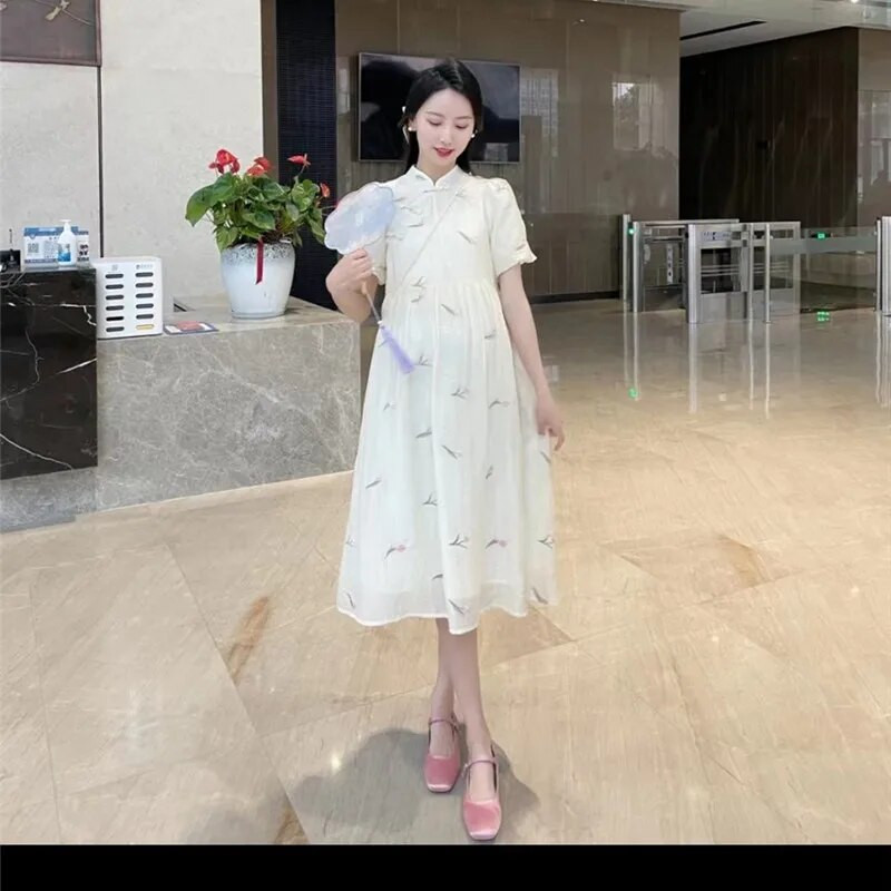 Έγκυος γυναίκα Vintage Cheongsam Καλοκαιρινή κοντομάνικη μόδα Φόρεμα εγκυμοσύνης σιφόν εκτύπωσης Γλυκά νυφικά εγκυμοσύνης