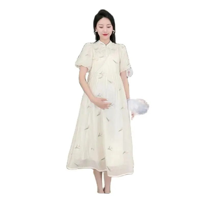 Έγκυος γυναίκα Vintage Cheongsam Καλοκαιρινή κοντομάνικη μόδα Φόρεμα εγκυμοσύνης σιφόν εκτύπωσης Γλυκά νυφικά εγκυμοσύνης