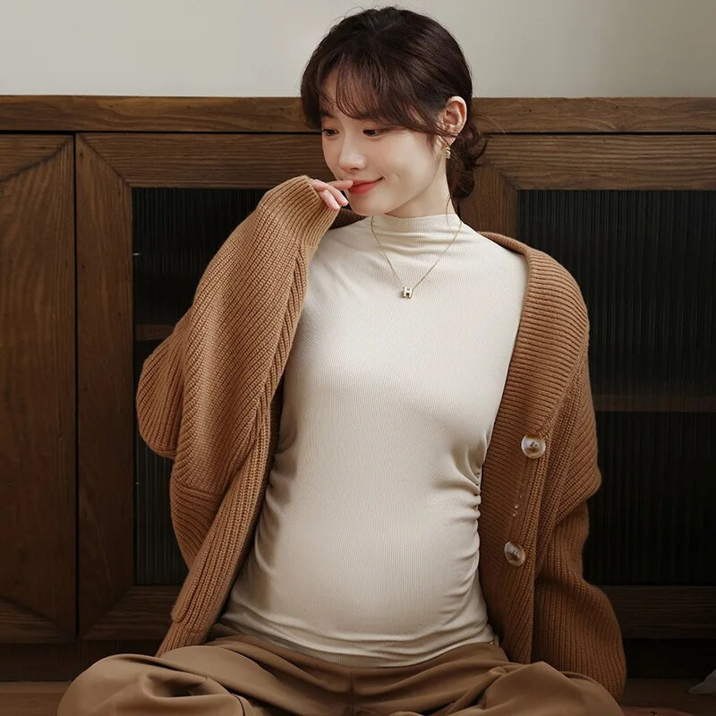 Tricouri cu mânecă lungă de toamnă de maternitate pentru femeile însărcinate, cu fundul solid, cu gât rotic, în modal, cămașă, pulovere, îmbrăcăminte pentru premama