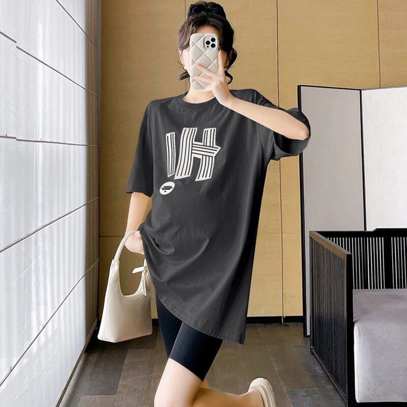 Nyári nagy méretű terhes női pamut póló, hosszú, bő, alkalmi kismama felsők és pólók