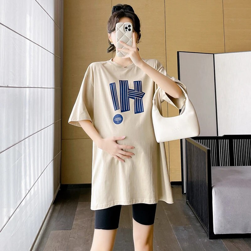 Nyári nagy méretű terhes női pamut póló, hosszú, bő, alkalmi kismama felsők és pólók