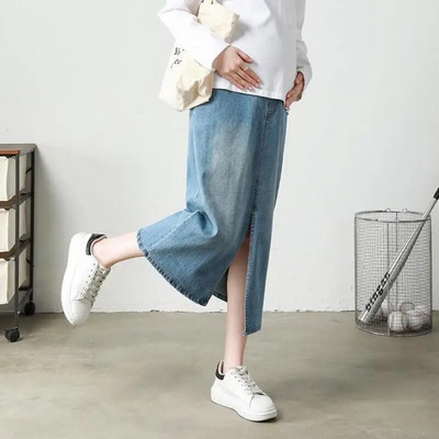 Νέες γυναικείες τζιν μίντι φούστες εγκυμοσύνης Premama Κορεάτικο στιλ ψηλόμεσο με σχίσιμο μπροστά μακριά φούστες έγκυες γυναίκες Casual φαρδιά φούστα