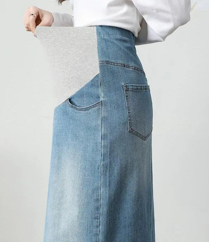 Nauji Nėščioms moteriški džinsiniai midi sijonai Premama korėjietiško stiliaus aukštu juosmeniu priekyje su skeltuku ilgi sijonai nėščioms moterims laisvalaikio laisvas sijonas