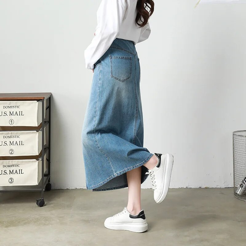 Nauji Nėščioms moteriški džinsiniai midi sijonai Premama korėjietiško stiliaus aukštu juosmeniu priekyje su skeltuku ilgi sijonai nėščioms moterims laisvalaikio laisvas sijonas