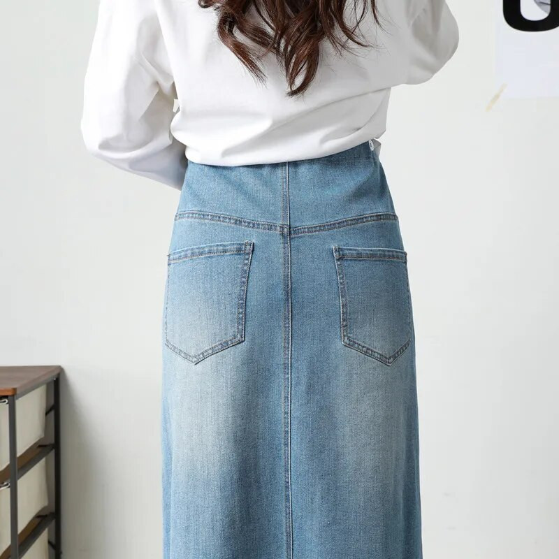 Nauji Nėščioms moteriški džinsiniai midi sijonai Premama korėjietiško stiliaus aukštu juosmeniu priekyje su skeltuku ilgi sijonai nėščioms moterims laisvalaikio laisvas sijonas