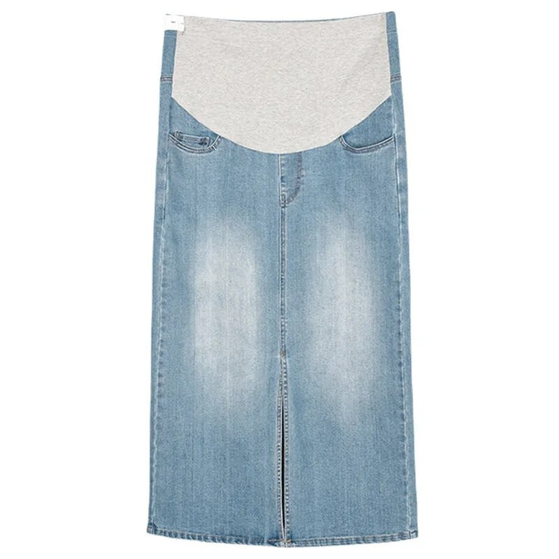 Nauji Nėščioms moteriški džinsiniai midi sijonai Premama korėjietiško stiliaus aukštu juosmeniu priekyje su skeltuku ilgi sijonai nėščioms moterims laisvalaikio laisvas sijonas