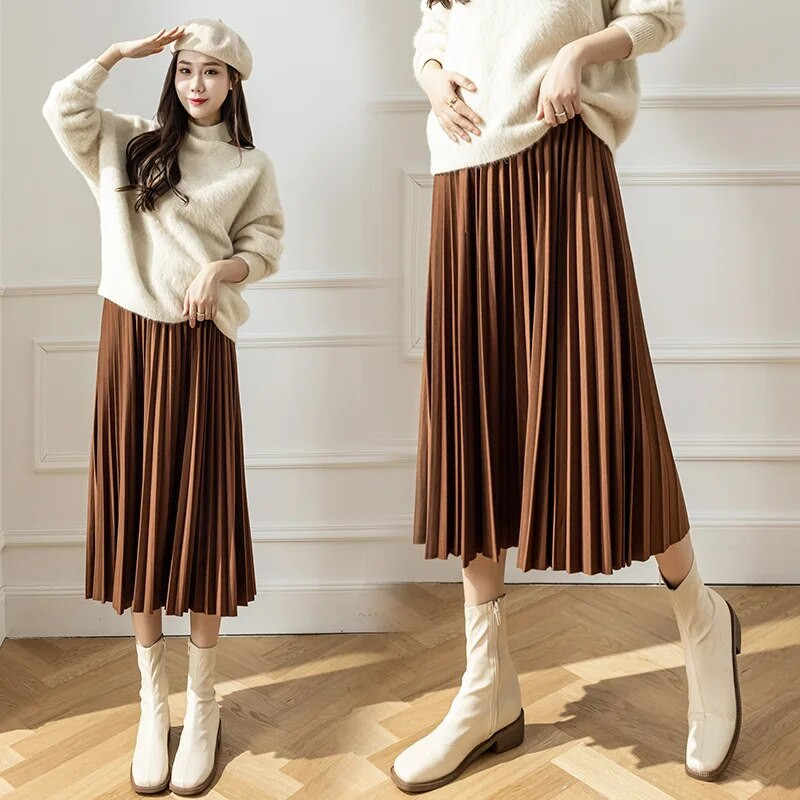 Drabužiai nėščiosioms Premama elastingas sijonas iki blauzdos pavasario rudeninis laisvalaikis nėščioms moterims klostuotas aukštu juosmeniu pilvą ilginantis sijonas