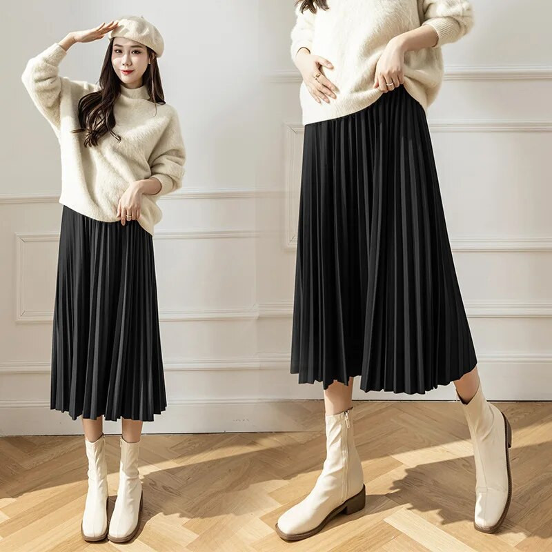 Drabužiai nėščiosioms Premama elastingas sijonas iki blauzdos pavasario rudeninis laisvalaikis nėščioms moterims klostuotas aukštu juosmeniu pilvą ilginantis sijonas