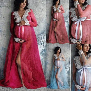 Рокли за бременни за фотосесия Цяла рокля за бърсане за бременни Предна разцепена дантела Дрехи за бременни снимки Мрежа Прежда