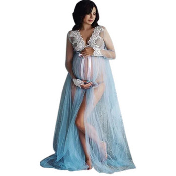 Рокли за бременни за фотосесия Цяла рокля за бърсане за бременни Предна разцепена дантела Дрехи за бременни снимки Мрежа Прежда