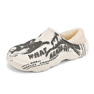 Papuci de iarnă de modă din blană pentru bărbați Pantofi caldi din bumbac pentru interior Pantofi de grădină impermeabili pentru exterior Saboți cu jumătăți de tobogane Sandale