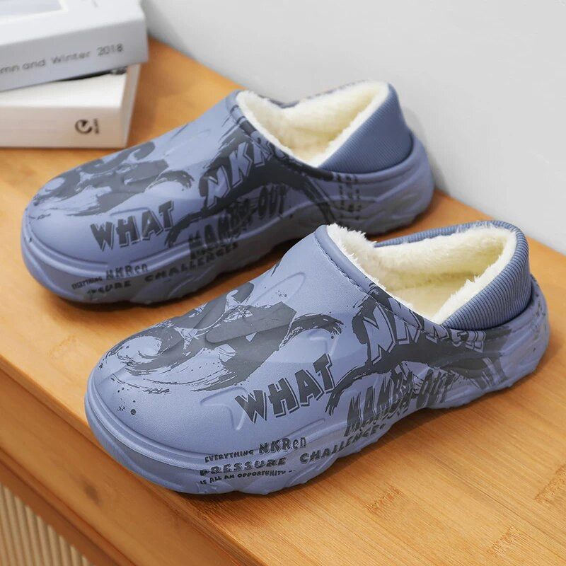 Papuci de iarnă de modă din blană pentru bărbați Pantofi caldi din bumbac pentru interior Pantofi de grădină impermeabili pentru exterior Saboți cu jumătăți de tobogane Sandale