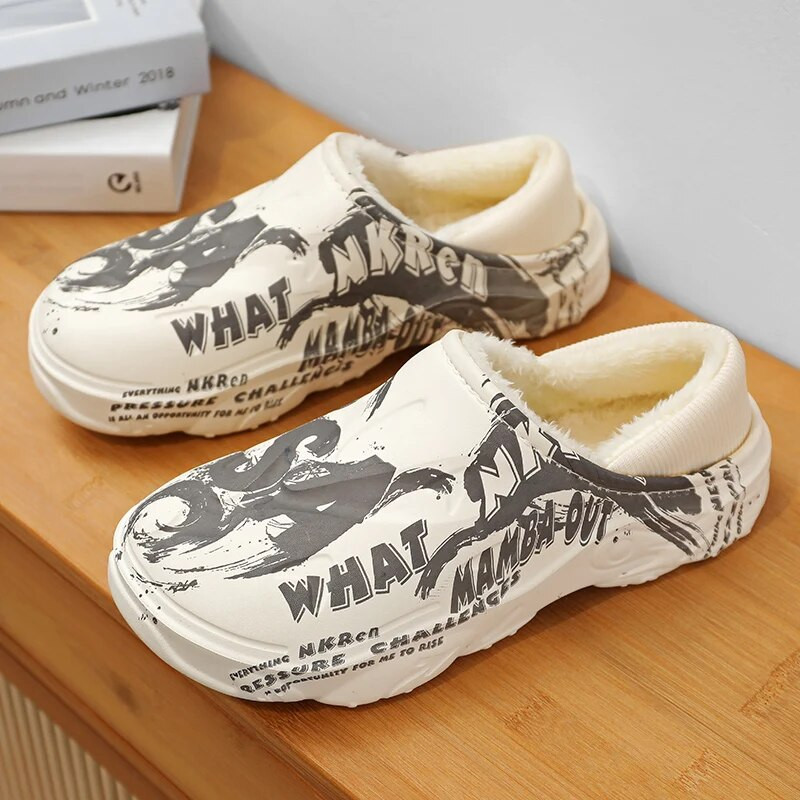 Papuci de iarnă de modă din blană pentru bărbați Pantofi caldi din bumbac pentru interior Pantofi de grădină impermeabili pentru exterior Saboți cu jumătăți de tobogane Sandale