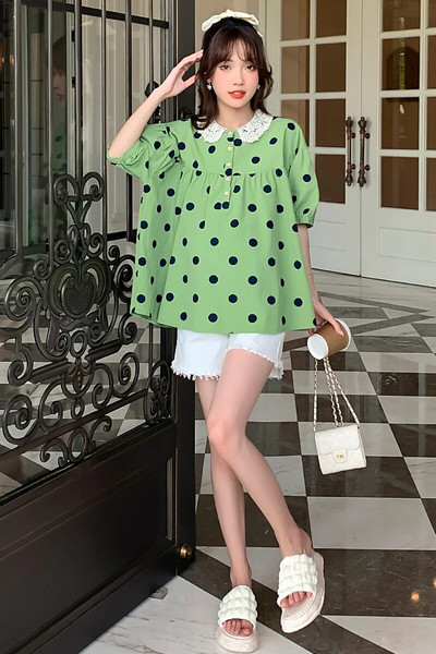 Saldūs nėriniai Peter Pan apykakle Nėščiųjų taškuoti marškiniai didelio dydžio nėščios moters drabužiai Ilgi laisvi žalios nėštumo palaidinės Viršutiniai