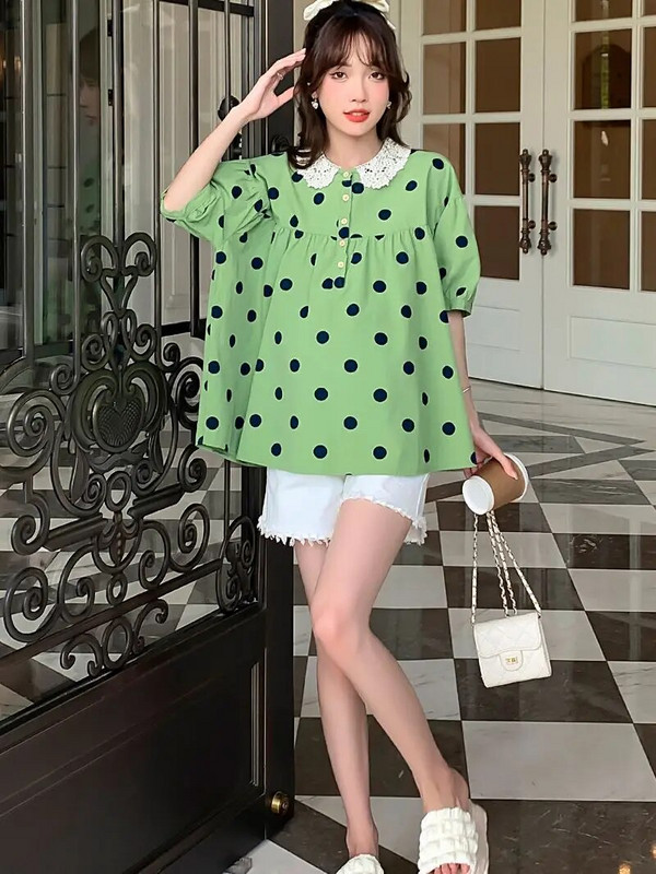 Saldūs nėriniai Peter Pan apykakle Nėščiųjų taškuoti marškiniai didelio dydžio nėščios moters drabužiai Ilgi laisvi žalios nėštumo palaidinės Viršutiniai