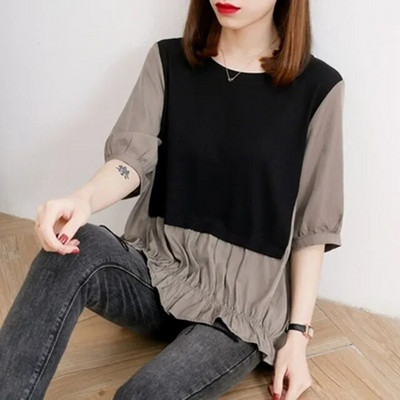 Maternitate 2 purtați laterale Bluze Cămăși Haine de vară pentru femei însărcinate coreeană largi mozaic pliuri la sâni Top de sarcină M-XXL