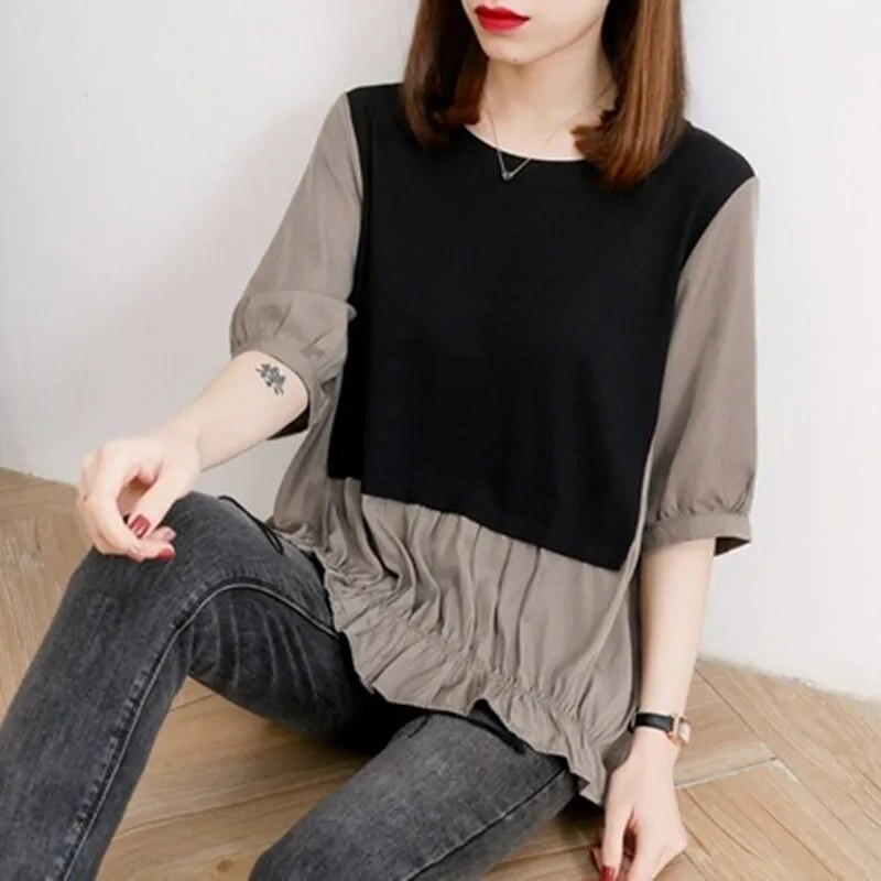 Maternitate 2 purtați laterale Bluze Cămăși Haine de vară pentru femei însărcinate coreeană largi mozaic pliuri la sâni Top de sarcină M-XXL