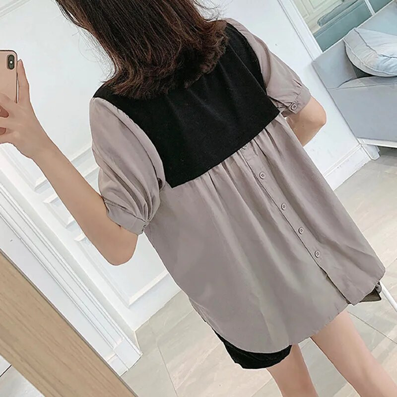 Maternitate 2 purtați laterale Bluze Cămăși Haine de vară pentru femei însărcinate coreeană largi mozaic pliuri la sâni Top de sarcină M-XXL