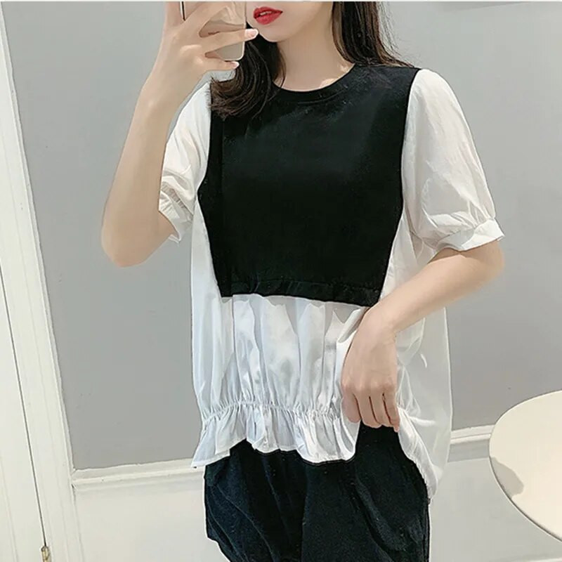 Maternitate 2 purtați laterale Bluze Cămăși Haine de vară pentru femei însărcinate coreeană largi mozaic pliuri la sâni Top de sarcină M-XXL