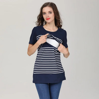 Emotion Moms Vară cu mâneci scurte Topuri de maternitate ocazional Tricou pentru hrănire cu dungi Haine pentru alăptare pentru femeile însărcinate