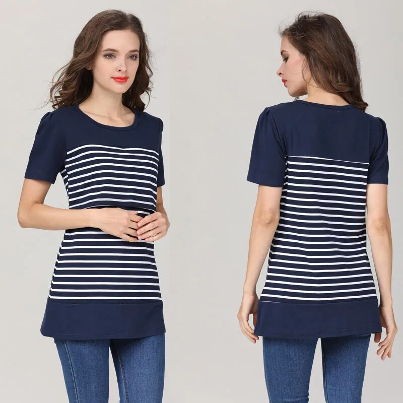 Emotion Moms Vară cu mâneci scurte Topuri de maternitate ocazional Tricou pentru hrănire cu dungi Haine pentru alăptare pentru femeile însărcinate