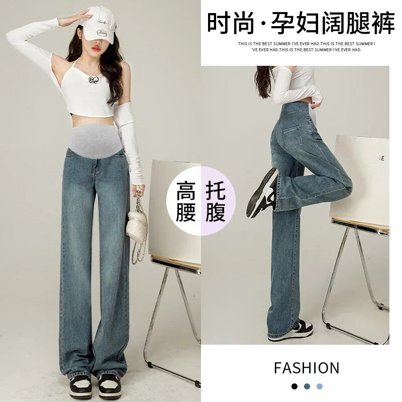 Plonos plačios džinsinės kelnės nėščiosioms, aukštu juosmeniu iki grindų, laisvos nėščios moters laisvalaikio kelnės ilgos nėštumo metu džinsai