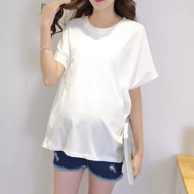 Tricou de vară pentru maternitate 100% bumbac, mânecă scurtă, cu gâtul O, cu litere, broderie, tricouri pentru sarcină, femei însărcinată, topuri, pulovere