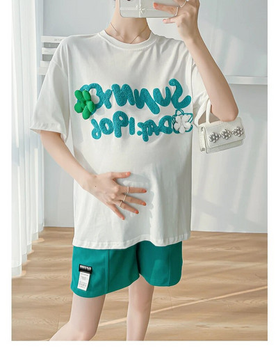 Tricou de vară pentru maternitate 100% bumbac, mânecă scurtă, cu gâtul O, cu litere, broderie, tricouri pentru sarcină, femei însărcinată, topuri, pulovere