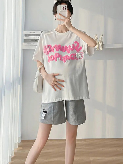 Tricou de vară pentru maternitate 100% bumbac, mânecă scurtă, cu gâtul O, cu litere, broderie, tricouri pentru sarcină, femei însărcinată, topuri, pulovere