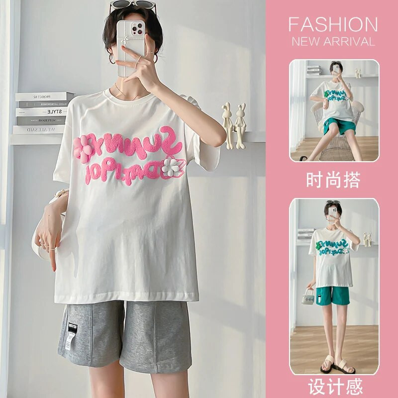 Vasaros motinystės 100 % medvilnės marškinėliai trumpomis rankovėmis O kaklo mados raidės Siuvinėjimas Nėštumo marškinėliai Nėščioms moterims Viršutiniai megztiniai