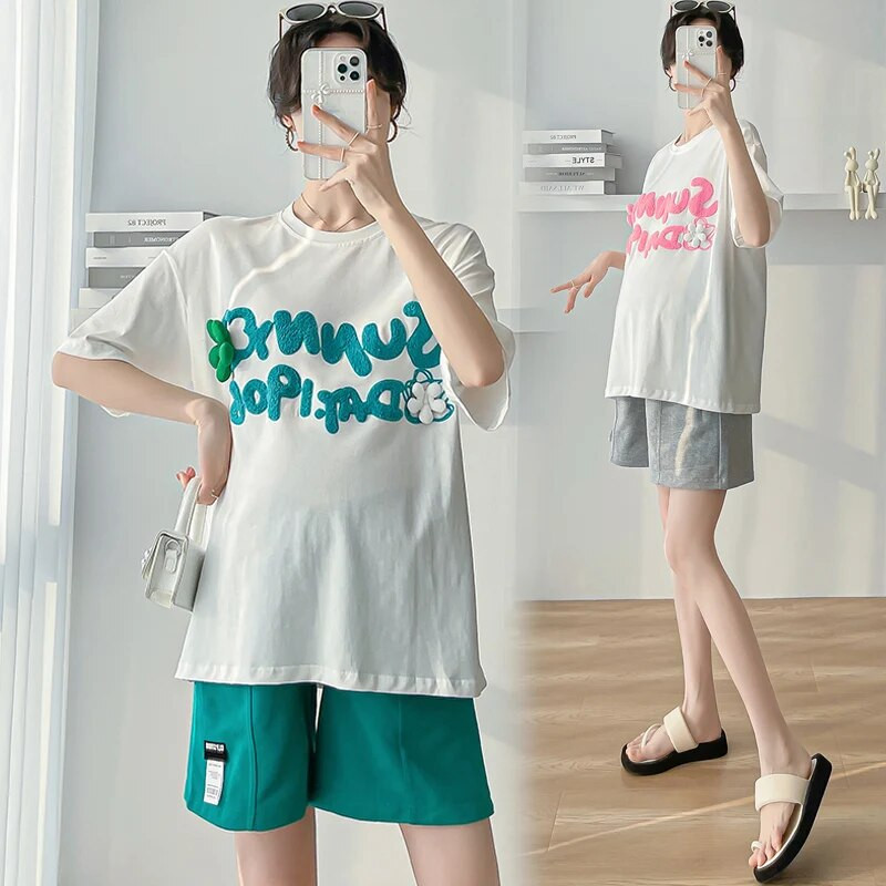 Vasaros motinystės 100 % medvilnės marškinėliai trumpomis rankovėmis O kaklo mados raidės Siuvinėjimas Nėštumo marškinėliai Nėščioms moterims Viršutiniai megztiniai