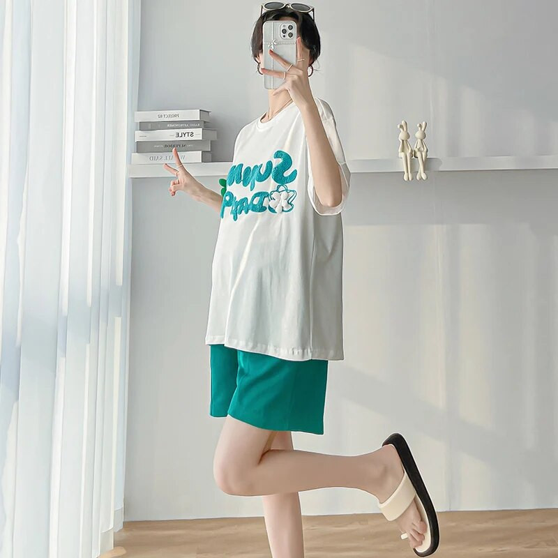 Vasaros motinystės 100 % medvilnės marškinėliai trumpomis rankovėmis O kaklo mados raidės Siuvinėjimas Nėštumo marškinėliai Nėščioms moterims Viršutiniai megztiniai