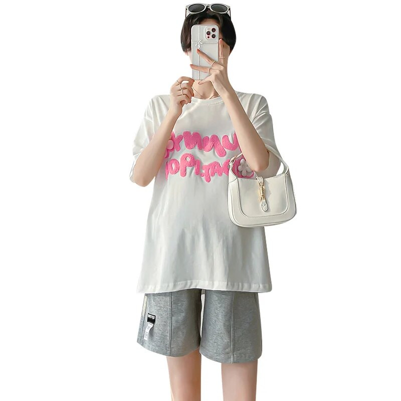 Vasaros motinystės 100 % medvilnės marškinėliai trumpomis rankovėmis O kaklo mados raidės Siuvinėjimas Nėštumo marškinėliai Nėščioms moterims Viršutiniai megztiniai