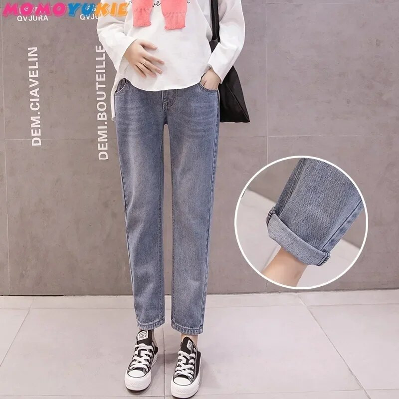 Tiesūs džinsai Nėštumo pilvo kelnės Motinystės rūbai nėščiosioms Vaikino kelnės aukštu juosmeniu Kelnės Laisvi džinsai