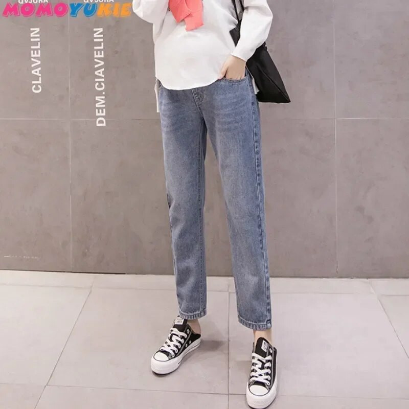 Tiesūs džinsai Nėštumo pilvo kelnės Motinystės rūbai nėščiosioms Vaikino kelnės aukštu juosmeniu Kelnės Laisvi džinsai