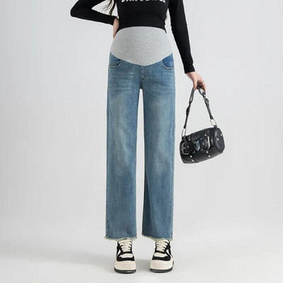 Blugi de maternitate din denim, drepti, cu picioare late, pantaloni pentru burtă de primăvară, toamnă, haine pentru femei însărcinate, pantaloni de muncă pentru sarcină