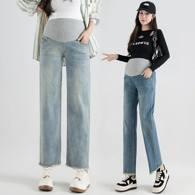 Blugi de maternitate din denim, drepti, cu picioare late, pantaloni pentru burtă de primăvară, toamnă, haine pentru femei însărcinate, pantaloni de muncă pentru sarcină