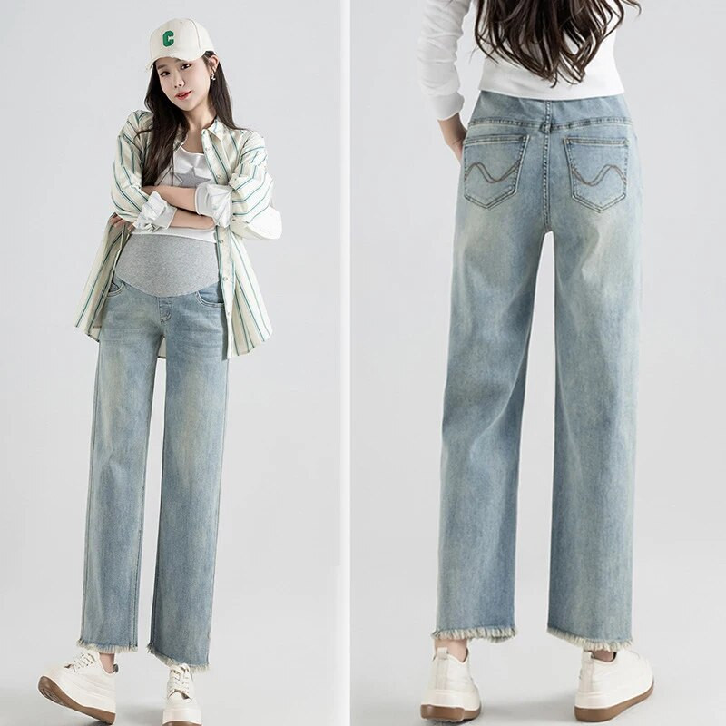 Blugi de maternitate din denim, drepti, cu picioare late, pantaloni pentru burtă de primăvară, toamnă, haine pentru femei însărcinate, pantaloni de muncă pentru sarcină