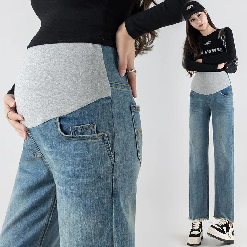 Blugi de maternitate din denim, drepti, cu picioare late, pantaloni pentru burtă de primăvară, toamnă, haine pentru femei însărcinate, pantaloni de muncă pentru sarcină