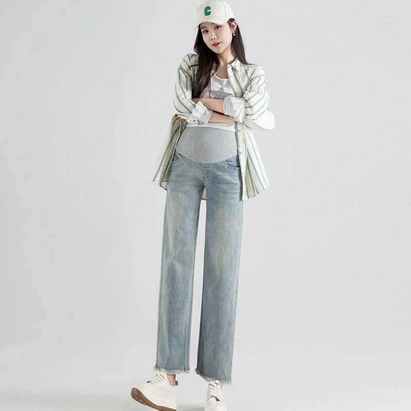 Blugi de maternitate din denim, drepti, cu picioare late, pantaloni pentru burtă de primăvară, toamnă, haine pentru femei însărcinate, pantaloni de muncă pentru sarcină