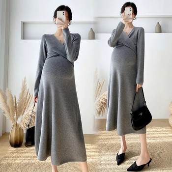 Φθινοπωρινό χειμερινό κορεάτικο πλεκτό μακρύ φόρεμα εγκυμοσύνης σε V λαιμόκοψη Λεπτά ρούχα για έγκυες γυναίκες Εγκυμοσύνη