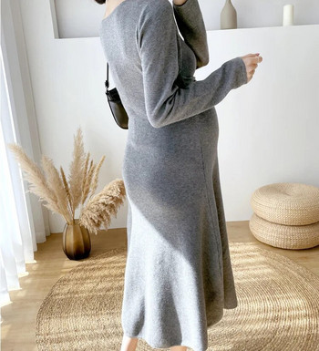 Есенно-зимна корейска модна плетена дълга рокля за бременни с V-образно деколте А-линия, тънки дрехи за бременни жени Бременност