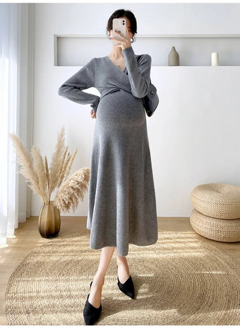 Есенно-зимна корейска модна плетена дълга рокля за бременни с V-образно деколте А-линия, тънки дрехи за бременни жени Бременност